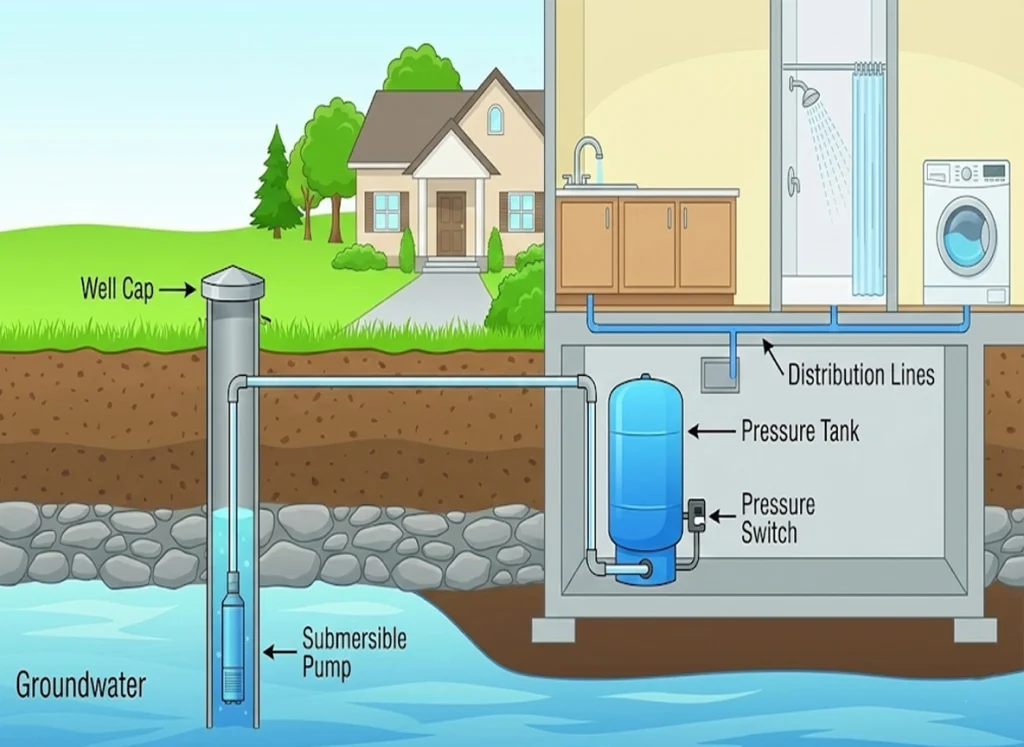 Cutaway diagram showing how a home well system works with pump, pressure tank, and distribution lines