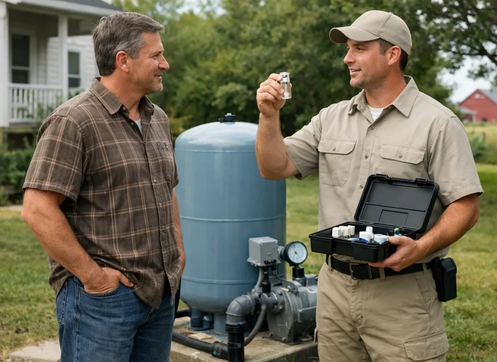 Well service technician and homeowner discussing well water test at rural home