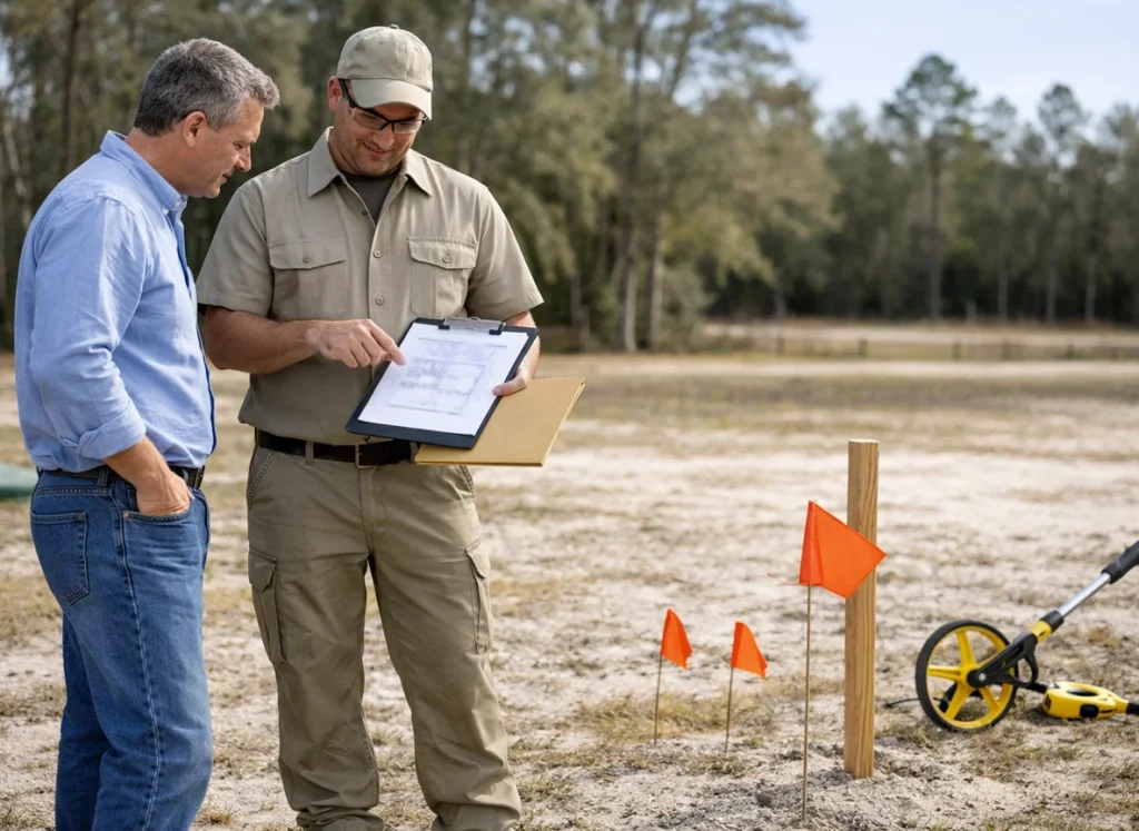Homeowner and well contractor marking well location and setbacks before drilling in Ocala FL