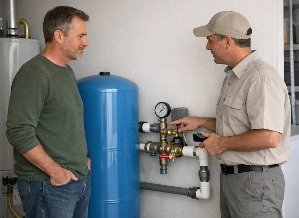Homeowner reviews well pump repair with technician by pressure tank