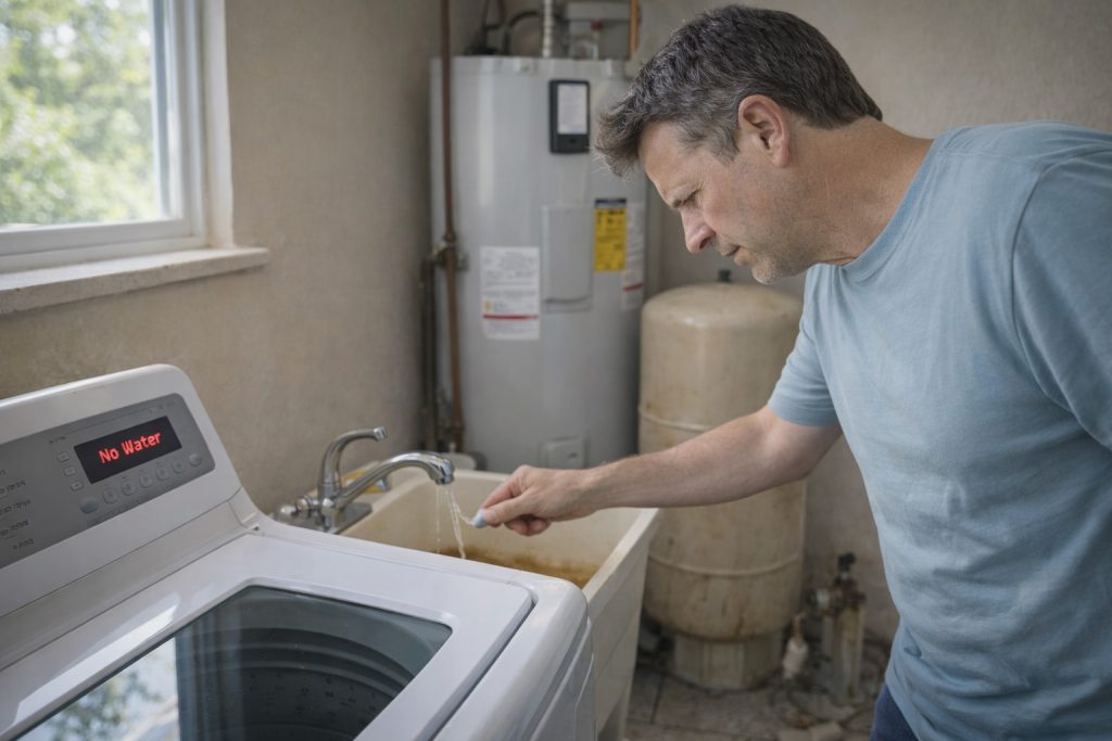 Homeowner checks faucet after washing machine fails due to well water issue