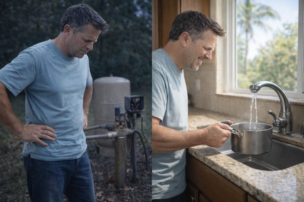 Split-scene of well pump failure before and water restoration after emergency service