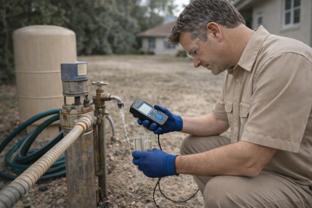 Technician tests well water sample using digital meter at Florida home