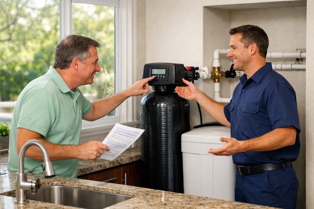 Homeowner reviews water softener system with technician in Ocala kitchen