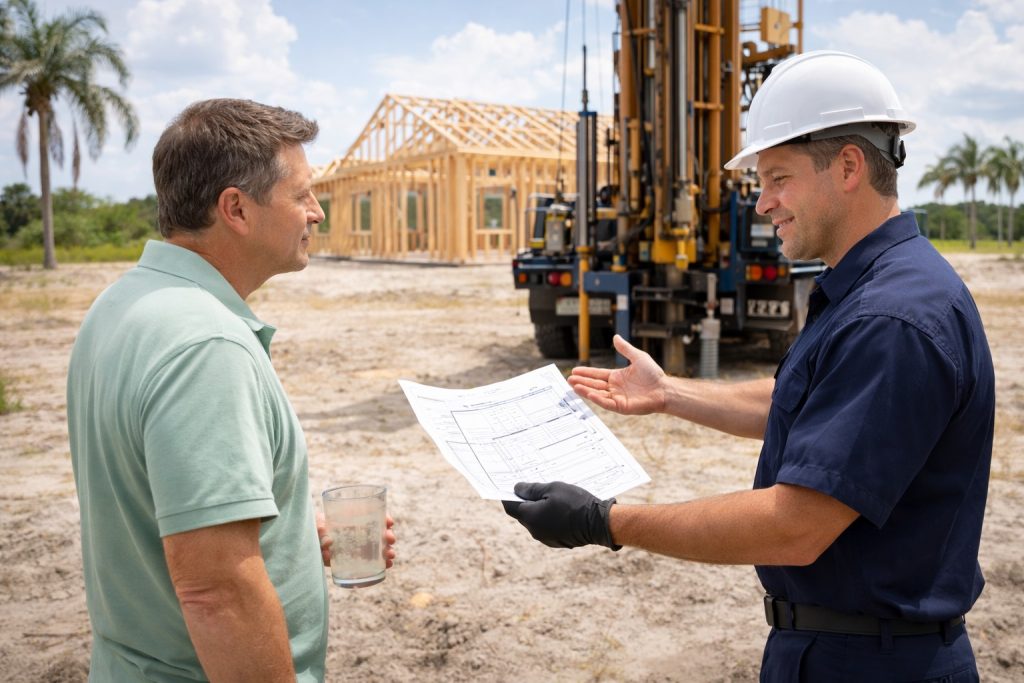 Homeowner discusses well drilling plans with contractor at Florida homesite