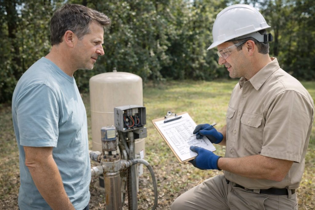 Homeowner and technician review well pressure tank inspection in Ocala backyard