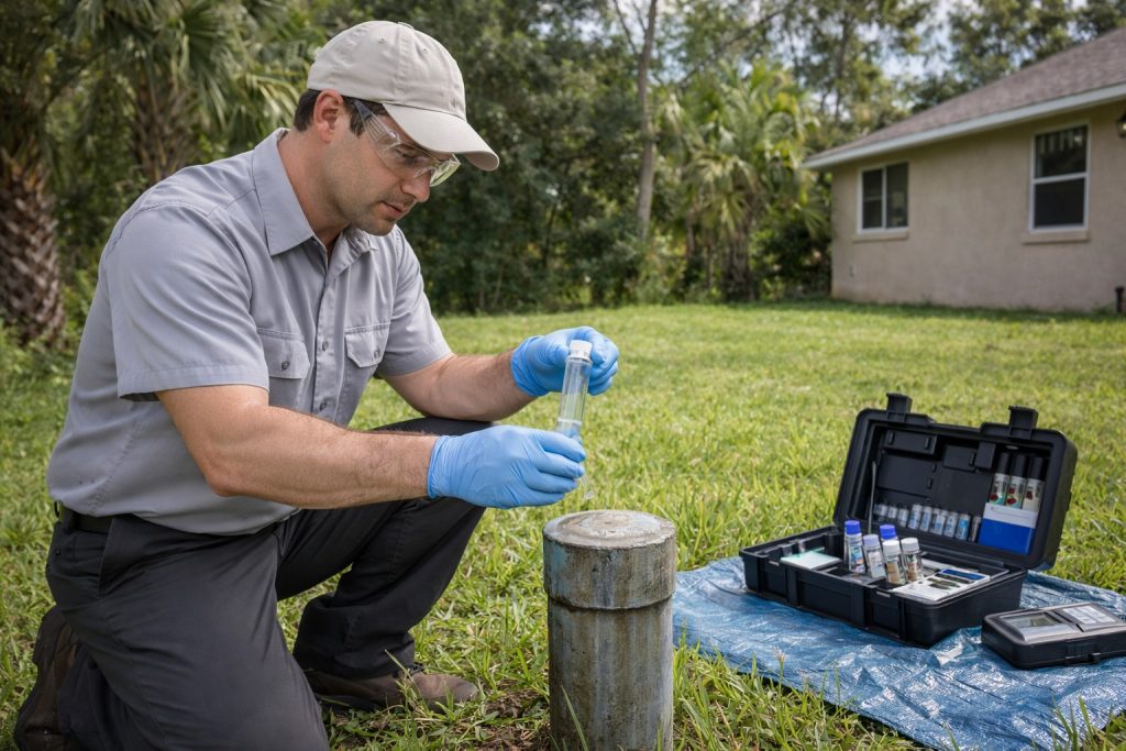 Well water technician collecting outdoor sample near Ocala home with testing kit and safety gear