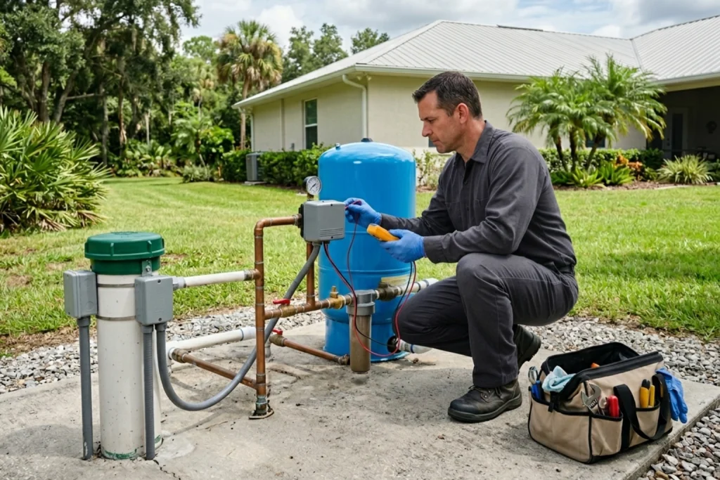 Water systems technician evaluating residential well setup in Ocala