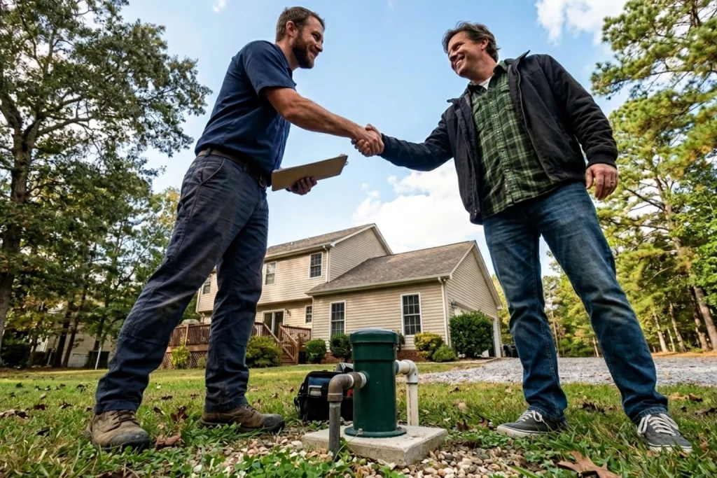 A homeowner and a well technician shaking hands.