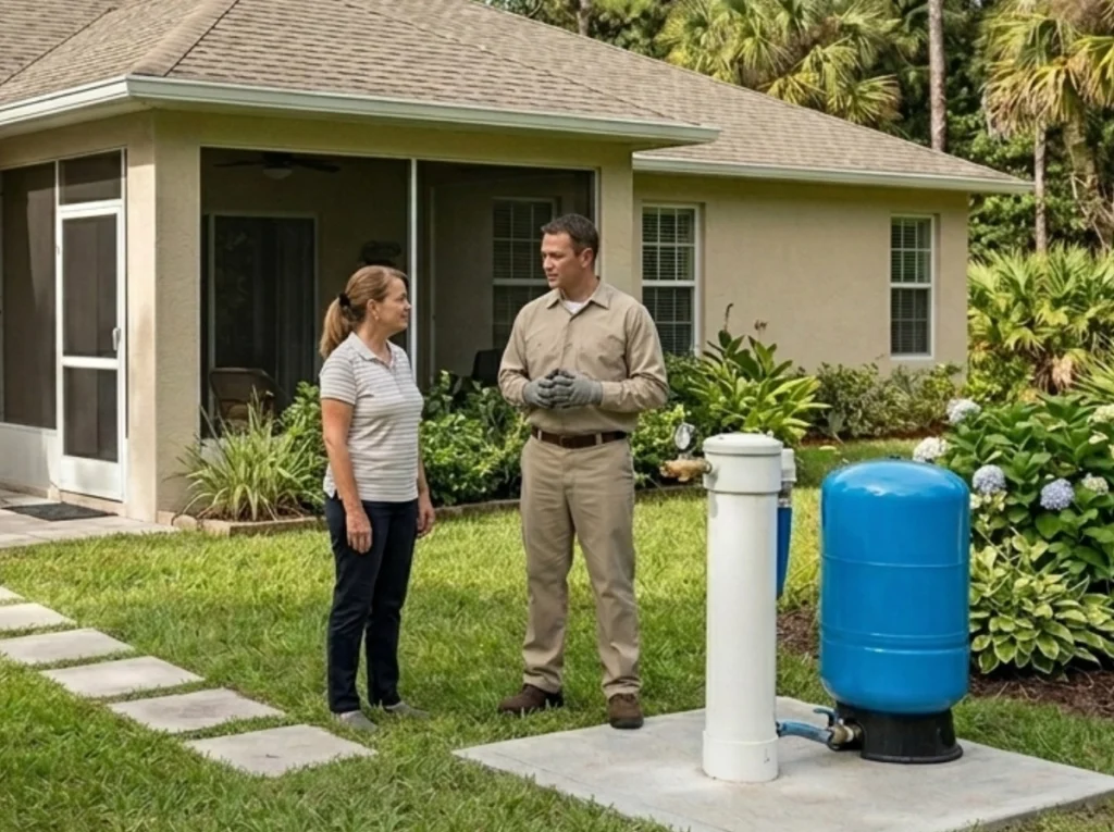 Ocala homeowner learning how proper well construction protects the property