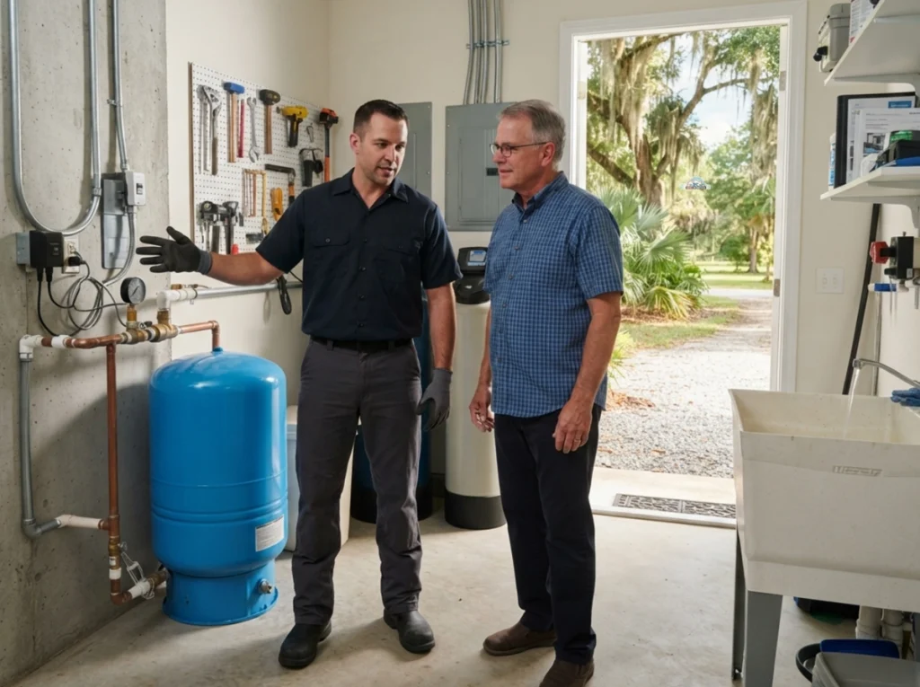 Well technician explaining a pressure tank to an Ocala homeowner