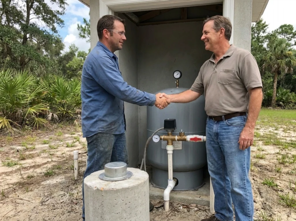 Licensed well contractor checking a pressure tank system in Ocala